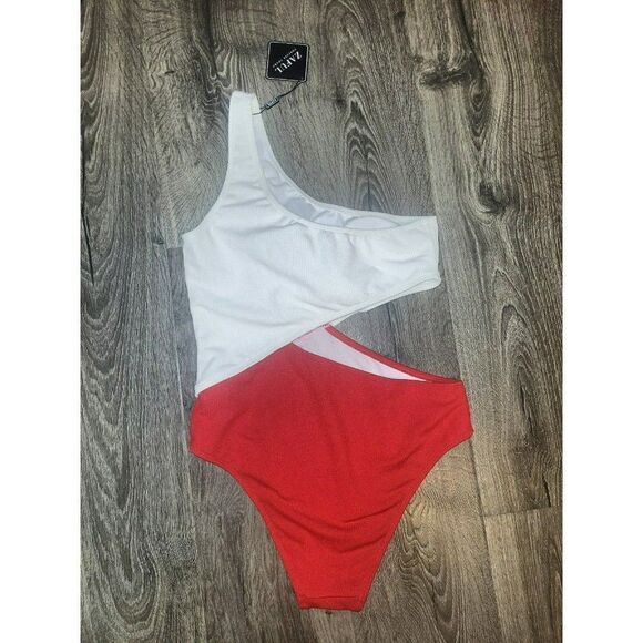 ZAFUL Ribbed 2-Tone Block One Shoulder One Piece Swimsuit Women's Size 8 - Picture 2 of 3